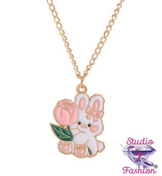 Pink Tulip Bunny Charm Necklace