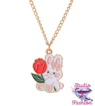 Red Tulip Bunny Charm Necklace