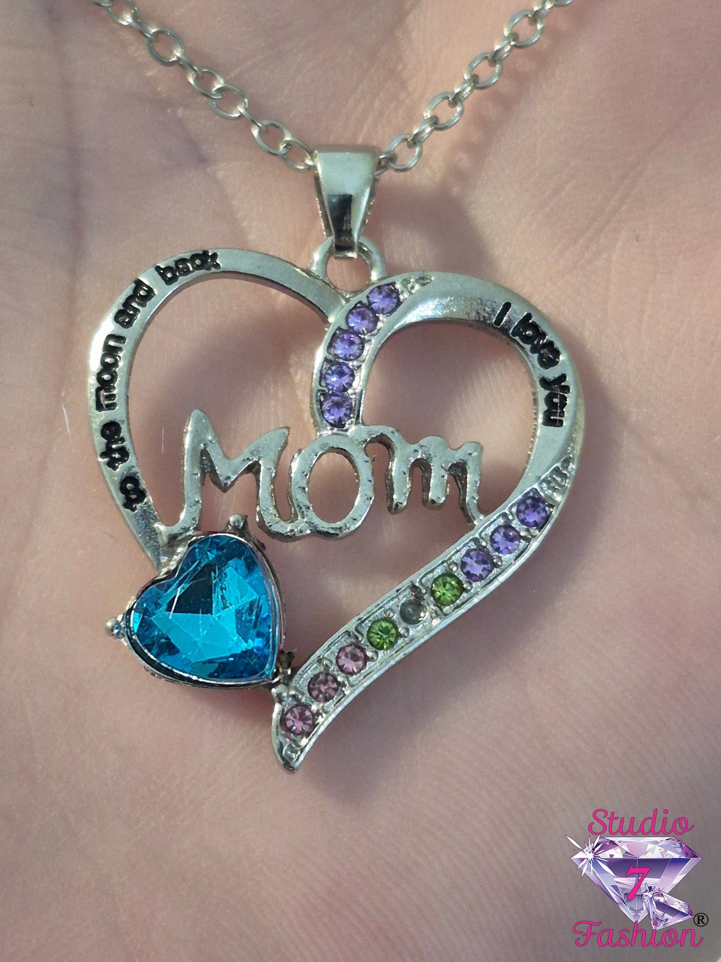 Love You to the Moon and Back Heart Necklace Blue