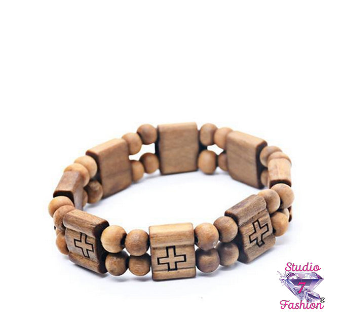 Wood Bar and Sphere Cross Bracelet