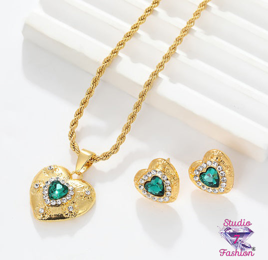 Emerald Gold Heart Necklace Earring Set