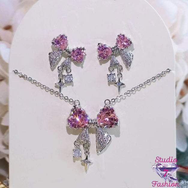 Blushing Bow and Stars Necklace Earring Set