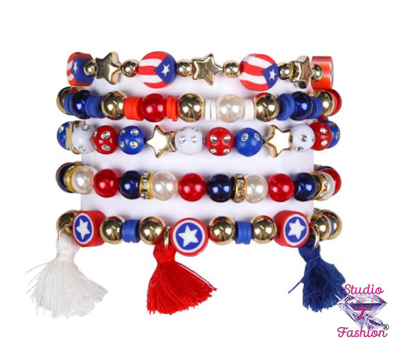 Stars,Stripes/Red White Blue Beads/Stars,Beads/Metallic/Stars,Tassels Patriotic Bracelet