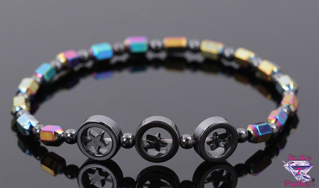 Hematite Triple Star Oil Spill Bracelet