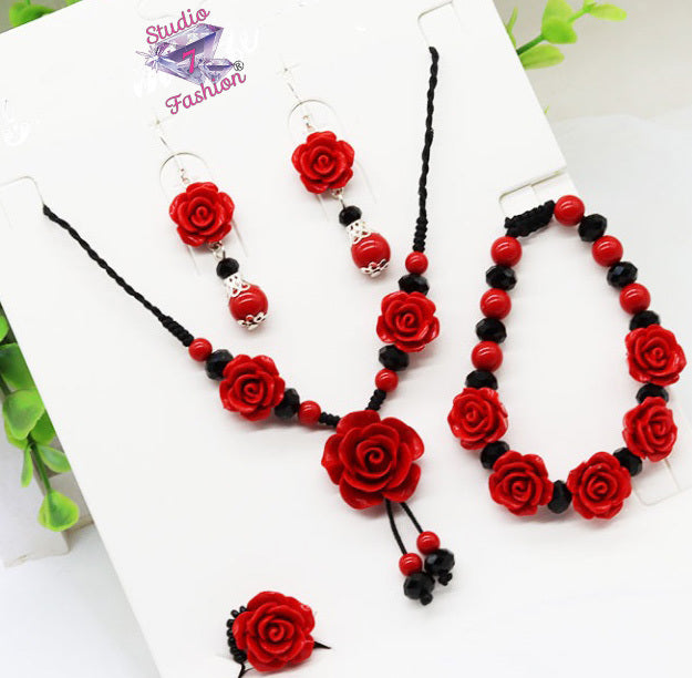 Multi Rose Beaded Necklace Bracelet Earrings and Ring