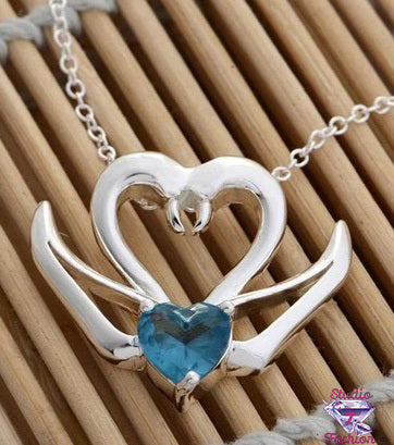 Love Heart Swans Necklace Blue
