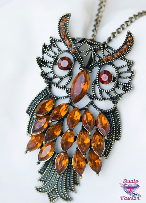Magnificent Amber Filigree Owl Necklace
