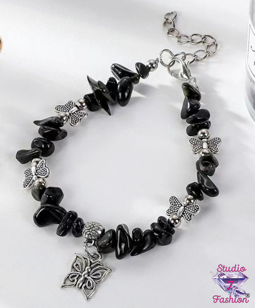 Onyx Stone Bracelet with Butterflies