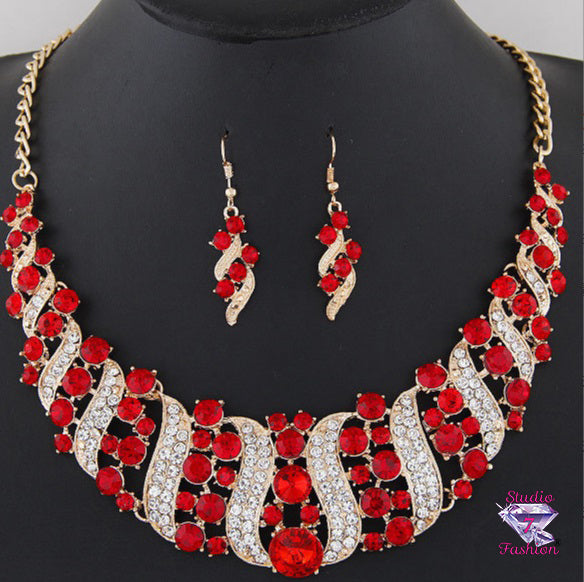 Marvelous Ruby and Gold Statement Necklace & Earrings