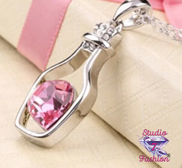 Magenta Heart In Bottle Necklace