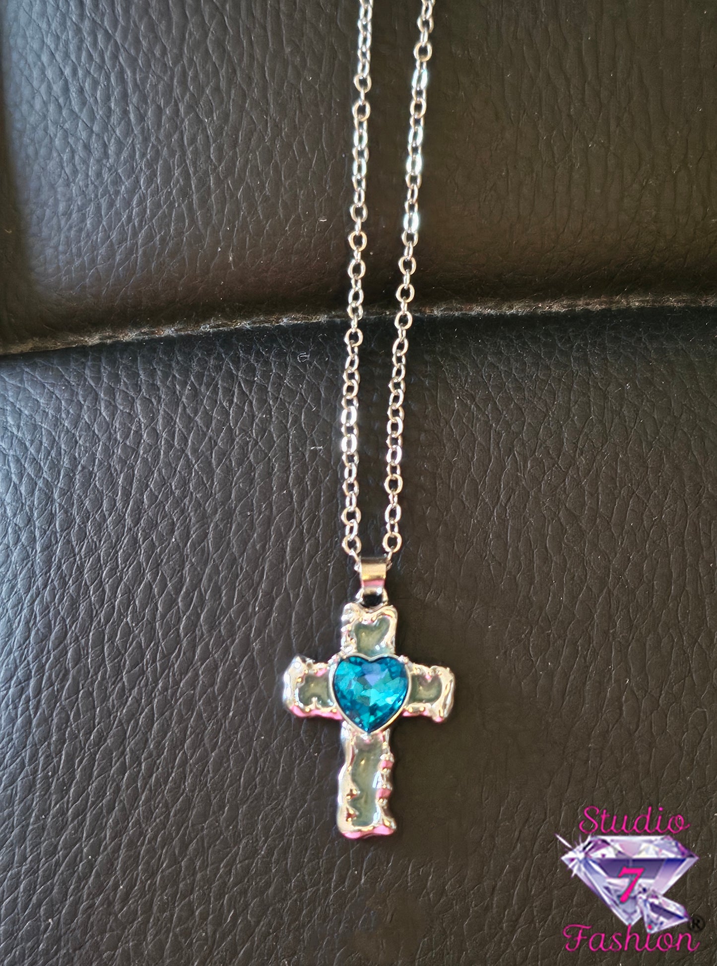 Ocean Blue Heart Cross Necklace