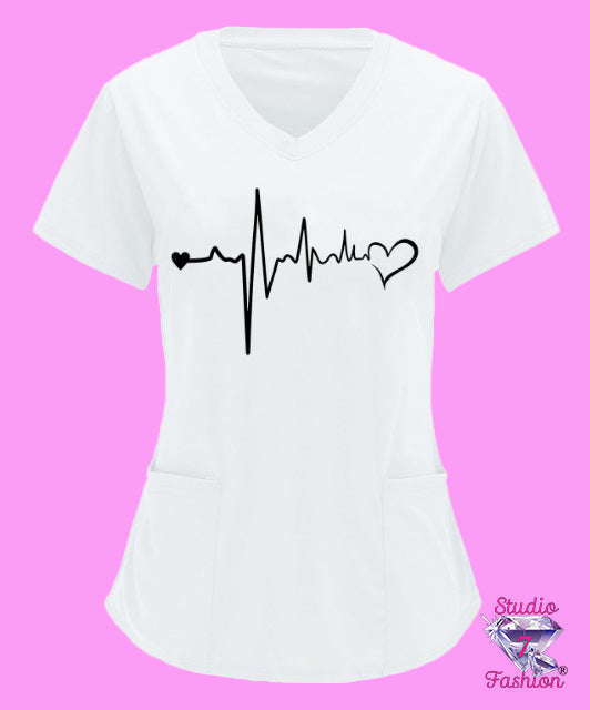 Double Heart Heartbeat Scrub Top White