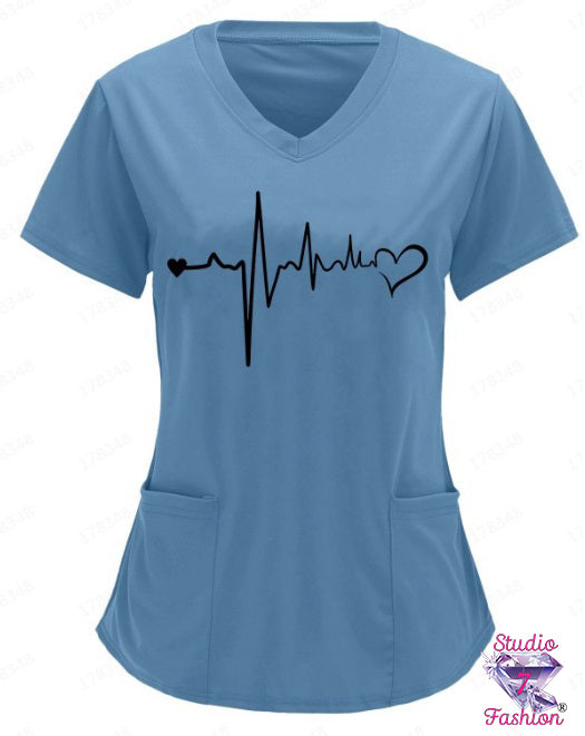Double Heart Heartbeat Scrub Top Blue
