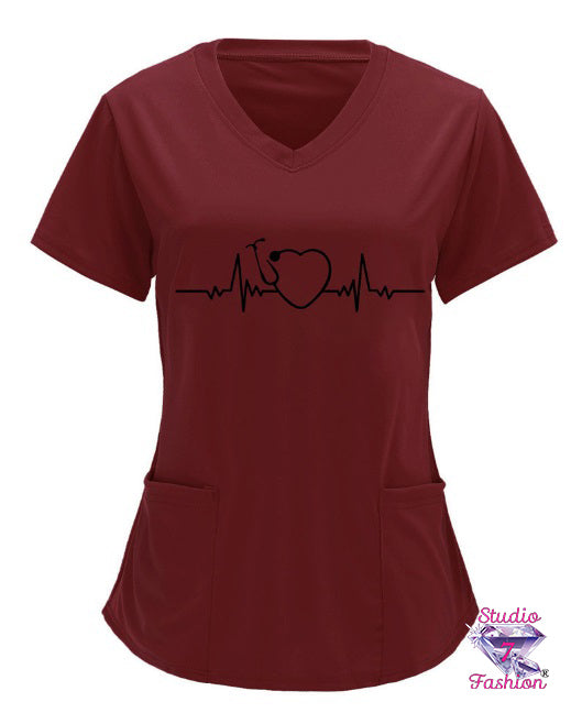 Heartbeat Stethoscope Scrub Top-Burgundy