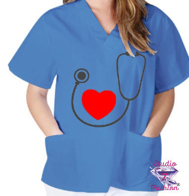 Stethoscope Heart Scrub Top Blue