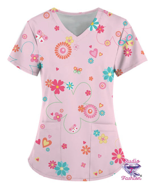 Happy Floral Scrub Top Pink