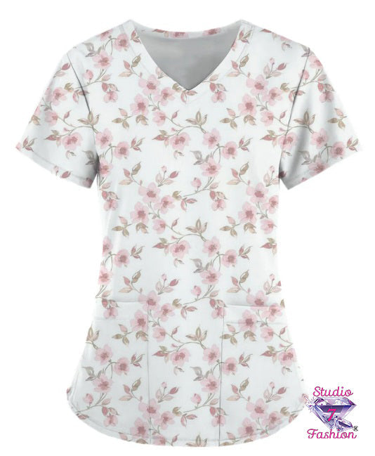 Pink Roses Scrub Top