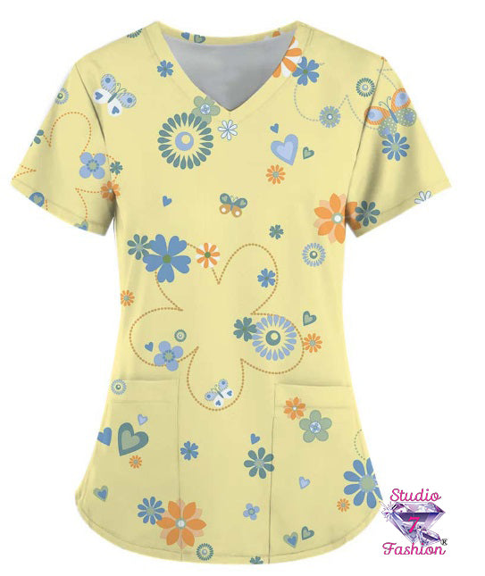 Happy Floral Scrub Top Yellow