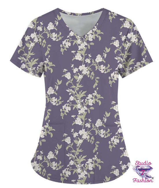 Purple Floral Scrub Top
