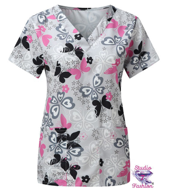 Butterfly Hearts Scrub Top