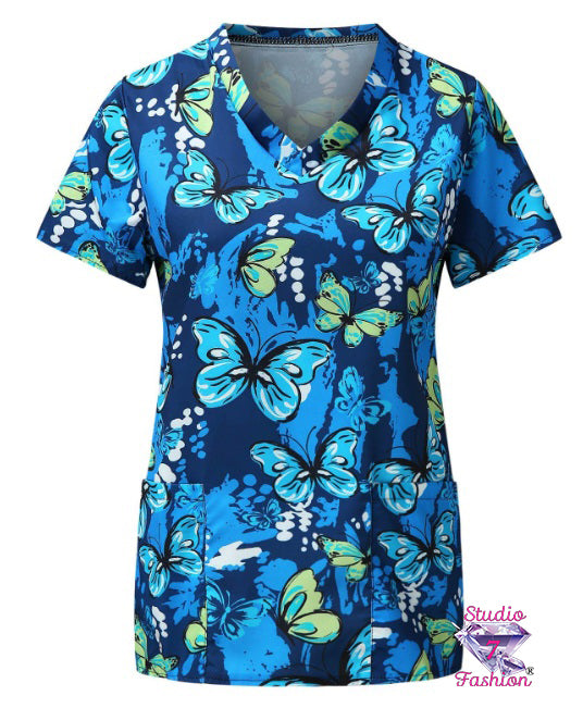 So Blue Butterfly Scrub Top