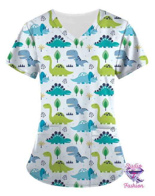 Playful Dinosaurs Scrub Top