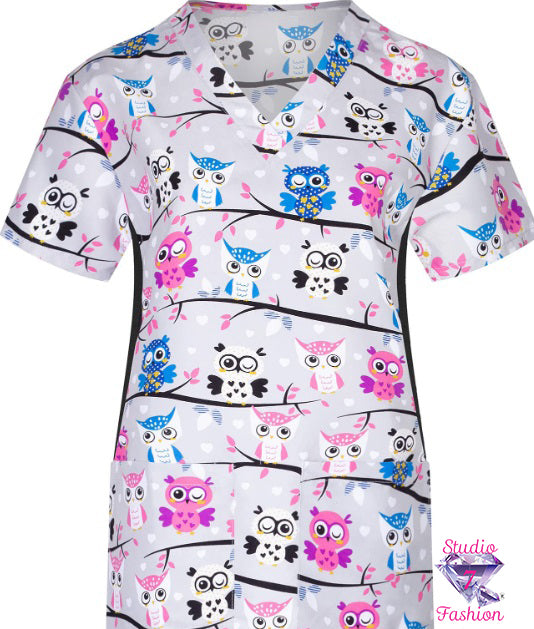 Colorful Owl Family Scrub Top