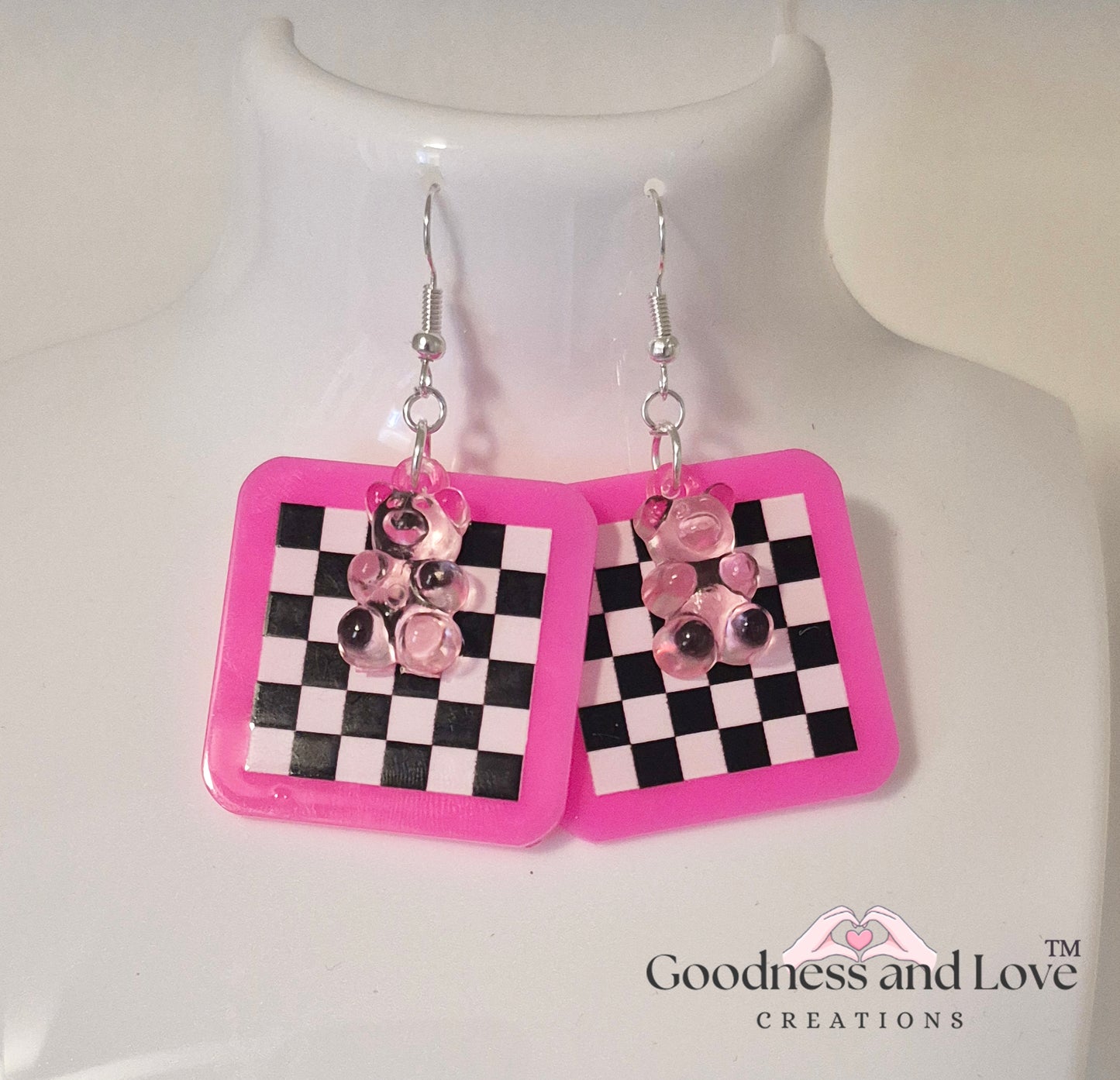 Pink Bear Checkered Earrings