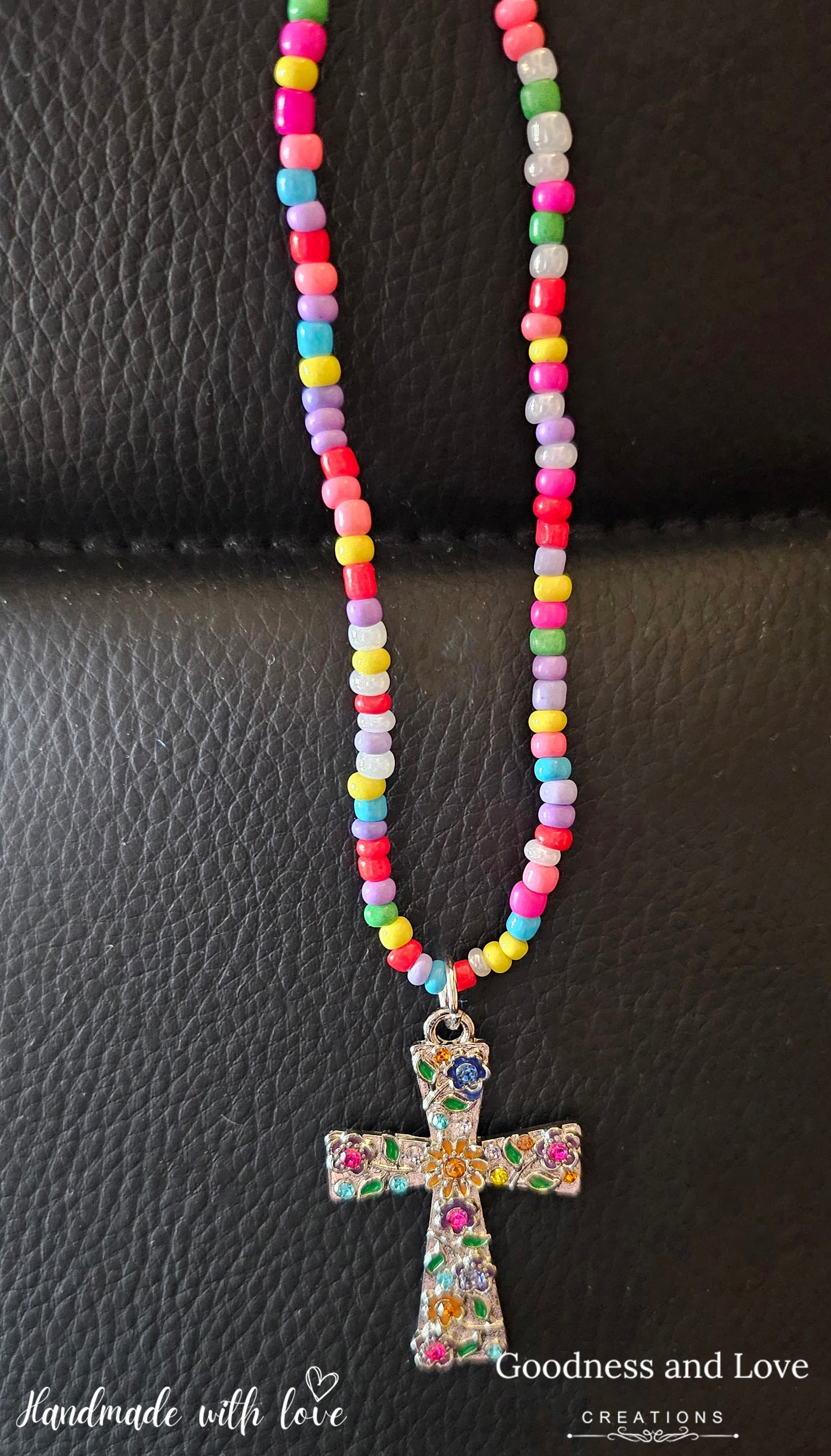 Multicolor Beaded Floral Cross Necklace