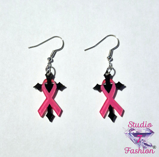 Pink Ribbon Cross Earrings