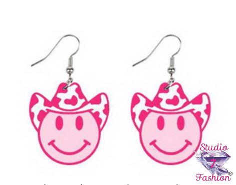 Pink Cowgirl Smiley Earrings