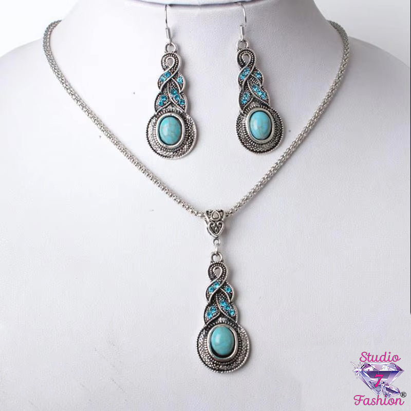 Antique Turquoise Waterdrop Necklace Earring Set