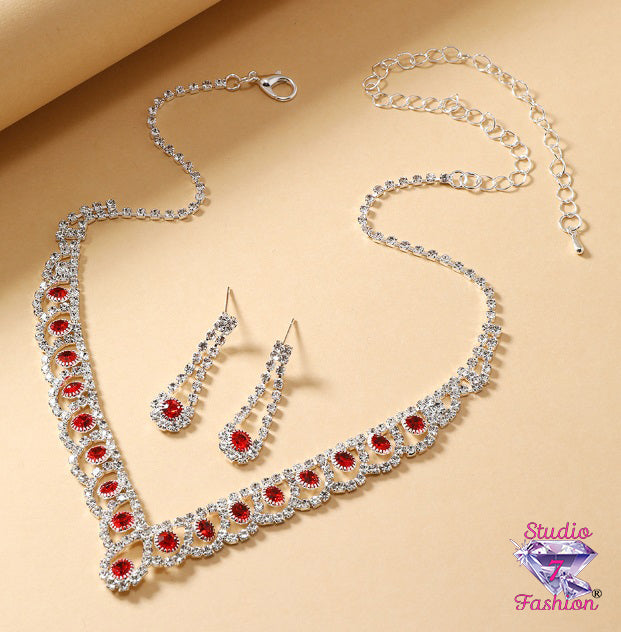 Bountiful Ruby Rhinestone Necklace Earring Set