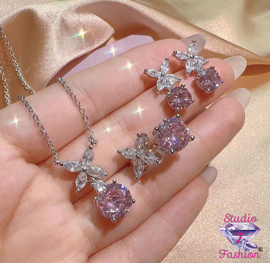 Sparkling Petal Necklace Earring Ring Set