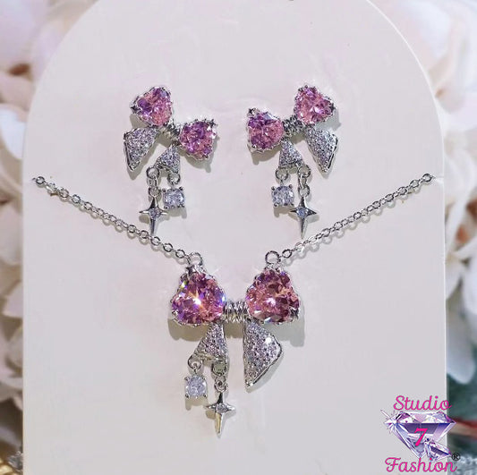 Blushing Bow and Stars Necklace Earring Set