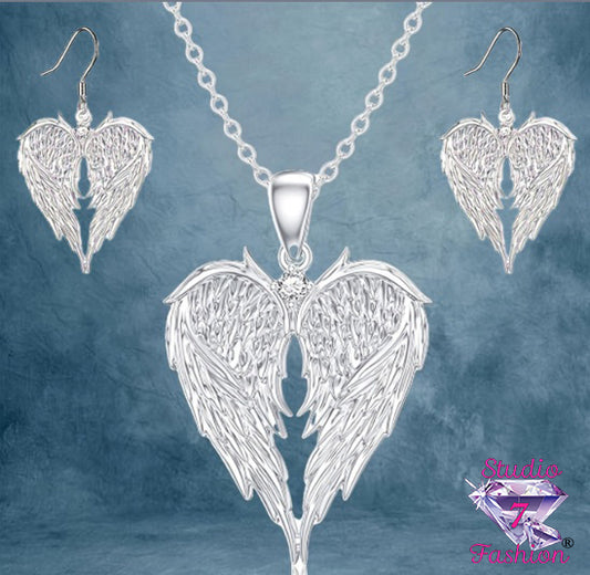 Feathered Heart Angel Wing Necklace Earring Set