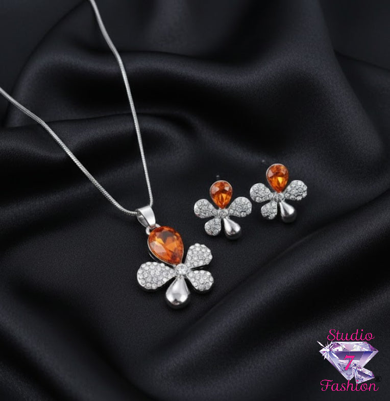 Retro Flower Orange Rhinestone Necklace Earring Set
