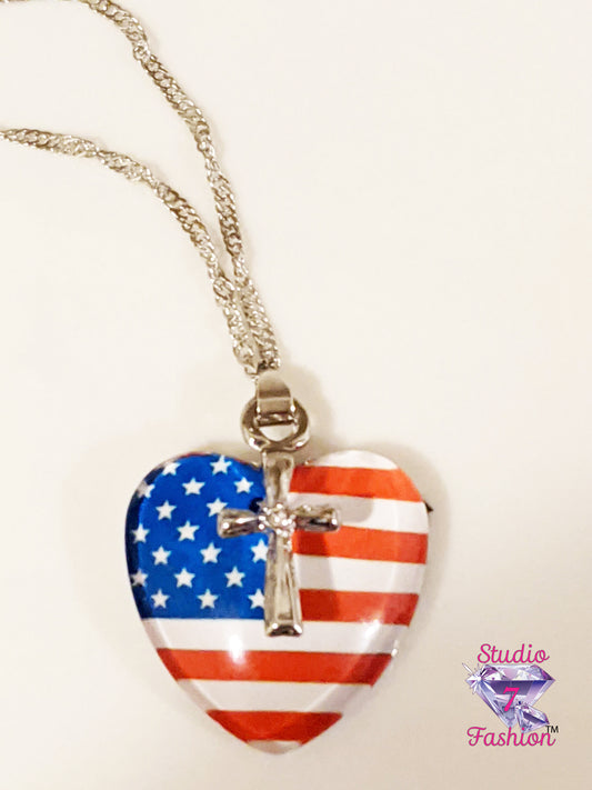 Patriotic Faith Heart 3D Cross Necklace