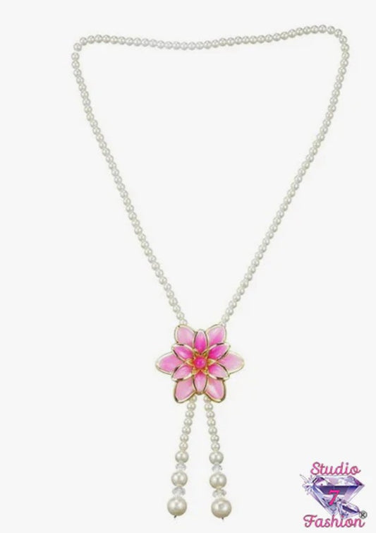 Fabulous Floral Lariat Pearl Necklace Pink