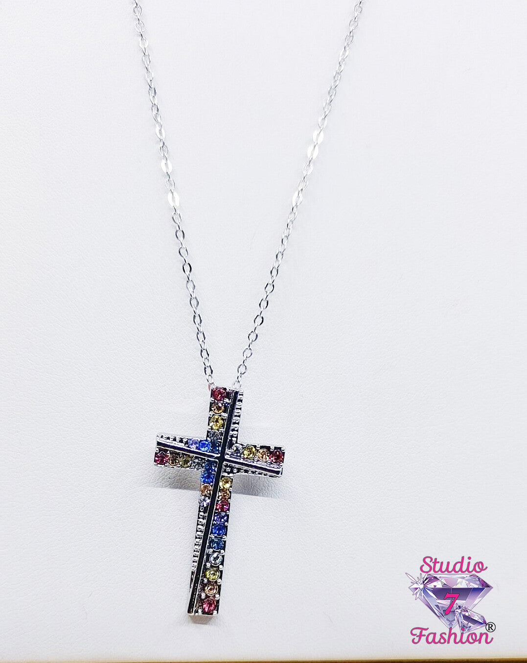 Magnificent Multicolor Rhinestone Cross Necklace