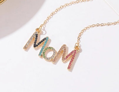 Multicolor Rhinestone MOM Necklace SILVER