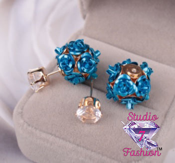 Floral Rhinestone Earrings Blue