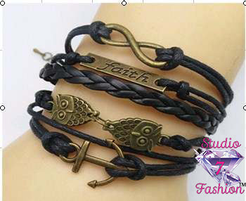 Faith Infinity Owl Anchor Leather Bracelet