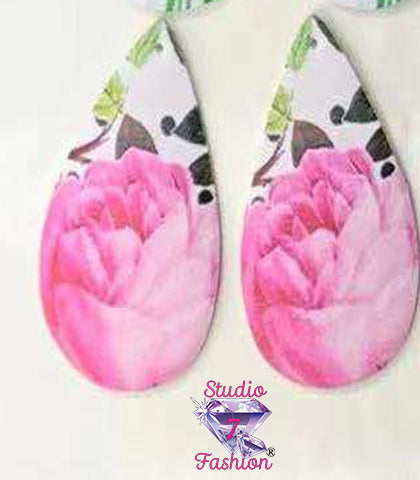 Leatherette Teardrop Pink Rose Earrings