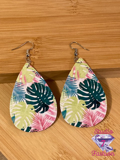 Leatherette Palm Leaf Teardrop Earrings