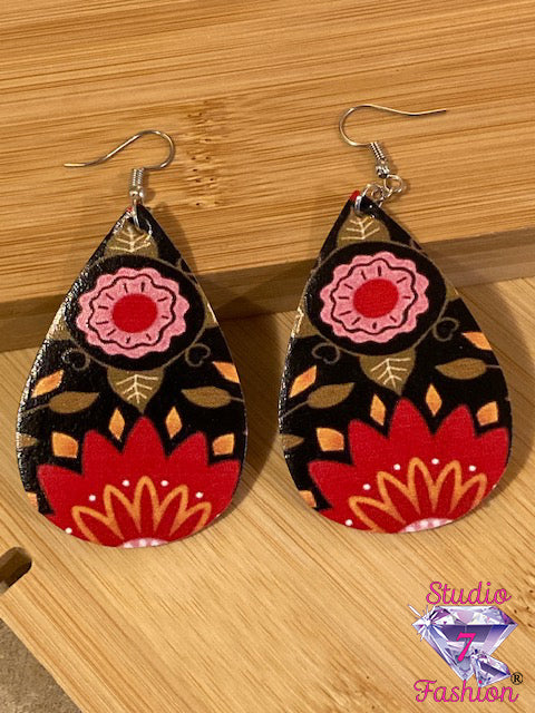 Leatherette Floral Teardrop Earrings