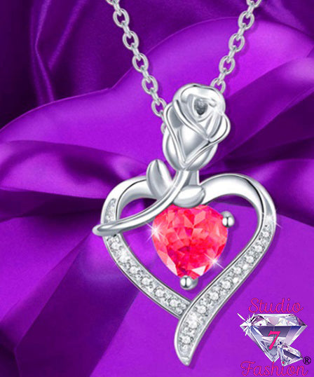 Red Rhinestone Heart and Rose Necklace