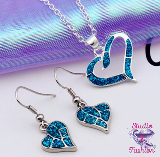 Aqua Heart Necklace Earring Set