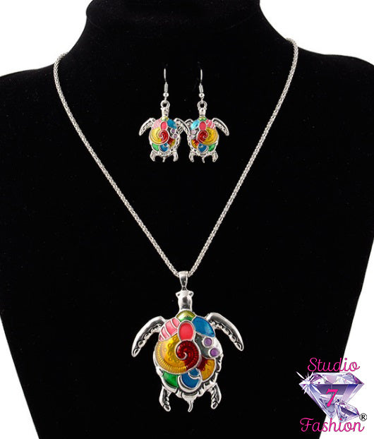 Sea Turtle Necklace Earrings Set