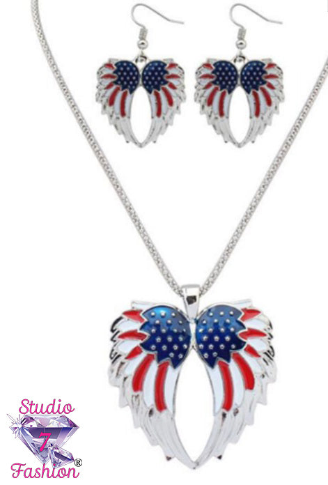 USA Guardian Angel Wings Necklace Earring Set